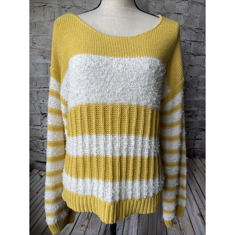 Hem &‎ Thread Womens Sweater Musatrd Yellow Ivory Color Block Cotton Blend L
